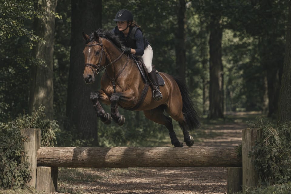Cavaliere e cavallo baio che saltano un tronco su un sentiero nel bosco